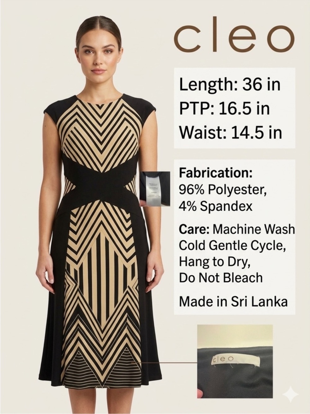 Cleo Black & Beige Geometric
Art Deco Cap Sleeve Dress
Stretch Size M - Picture 2 of 3